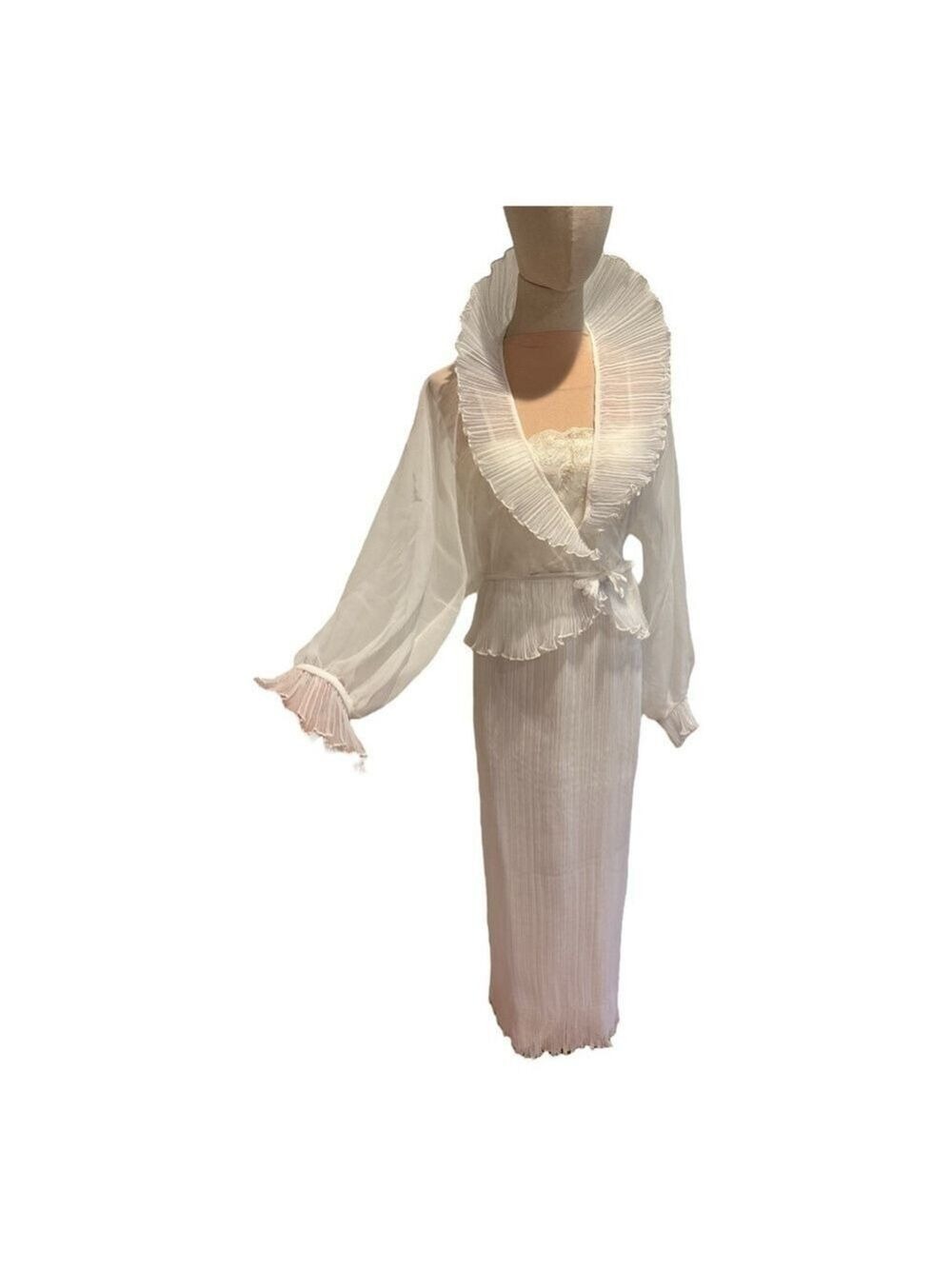 60s 2PC MAXI ETHEREAL WHITE DRESS W LACE BODICE MICRO PLEAT SKIRT & JACKET - Picture 4 of 17